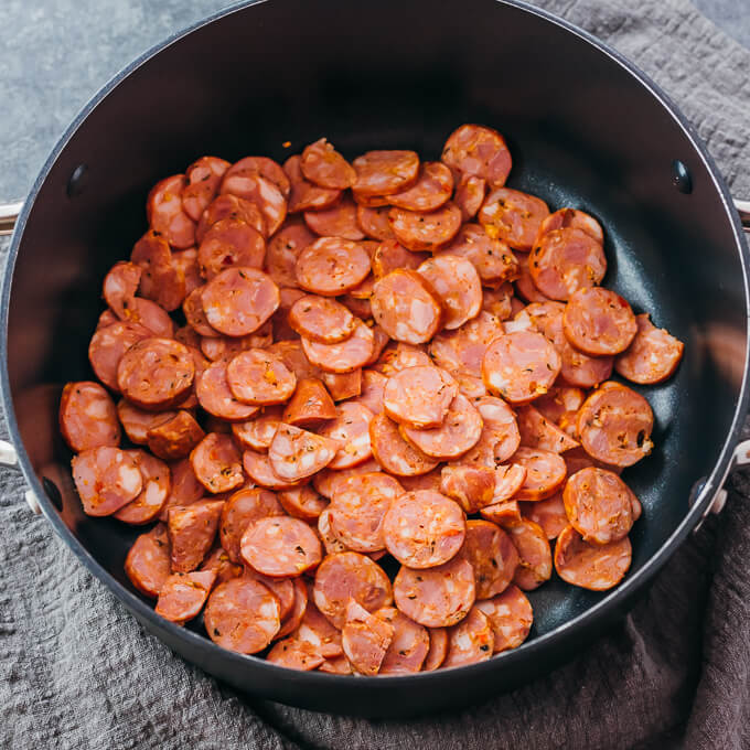 cooking sliced sausage