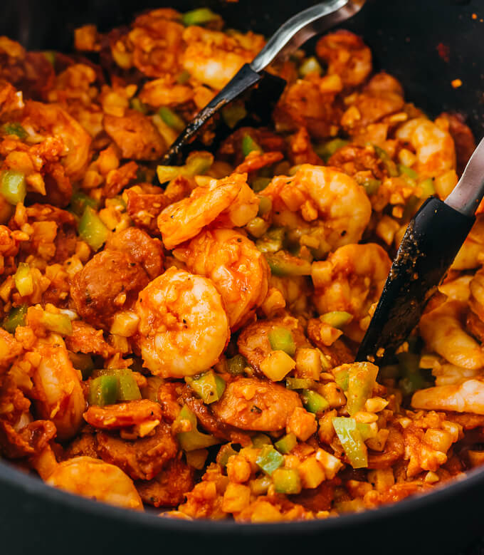 close up view of cooking jambalaya