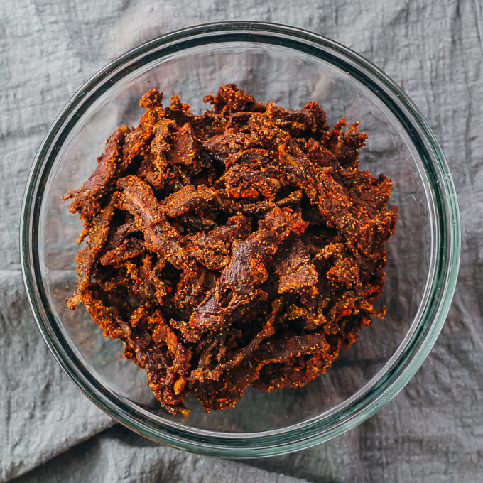 beef jerky slices in glass bowl