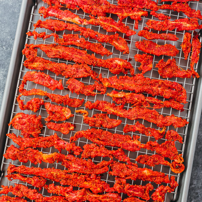 raw beef slices on baking rack