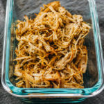 close up view of shredded chicken carnitas