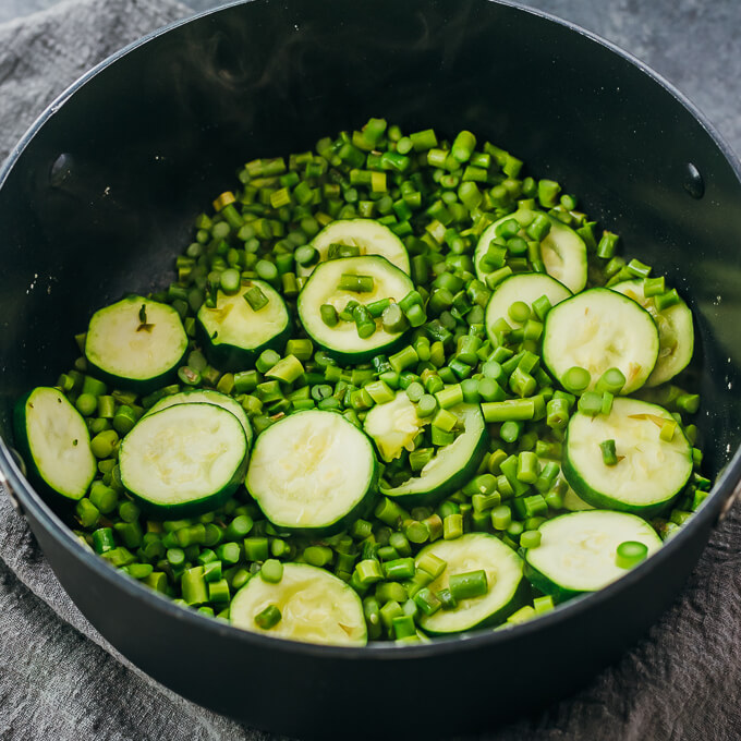 cooking chopped asparagus and zucchini