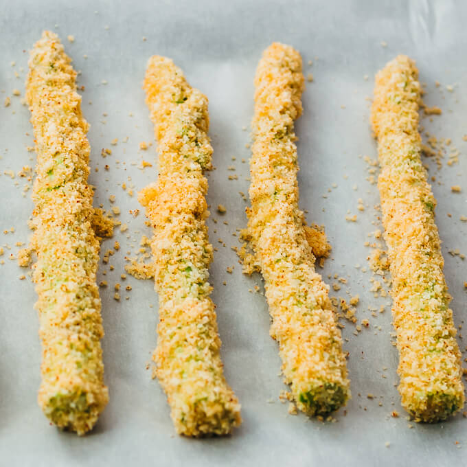 close up view of breaded asparagus