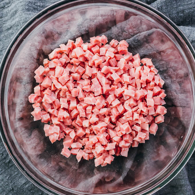 chopped ham in glass bowl