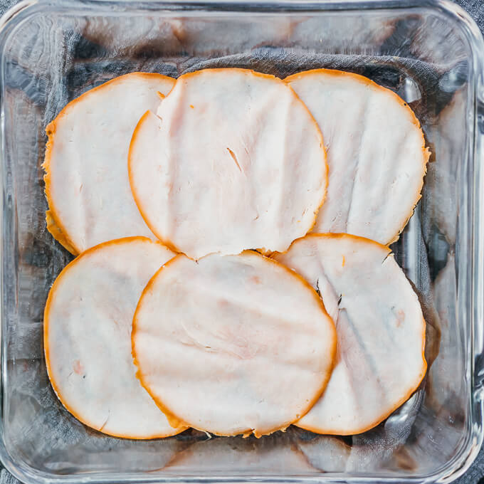 turkey slices in baking dish