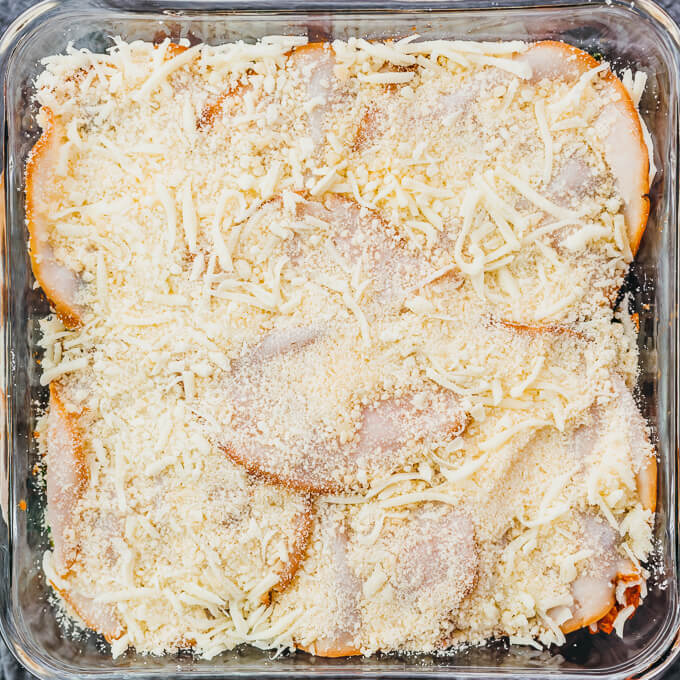 turkey and cheese layer in baking dish