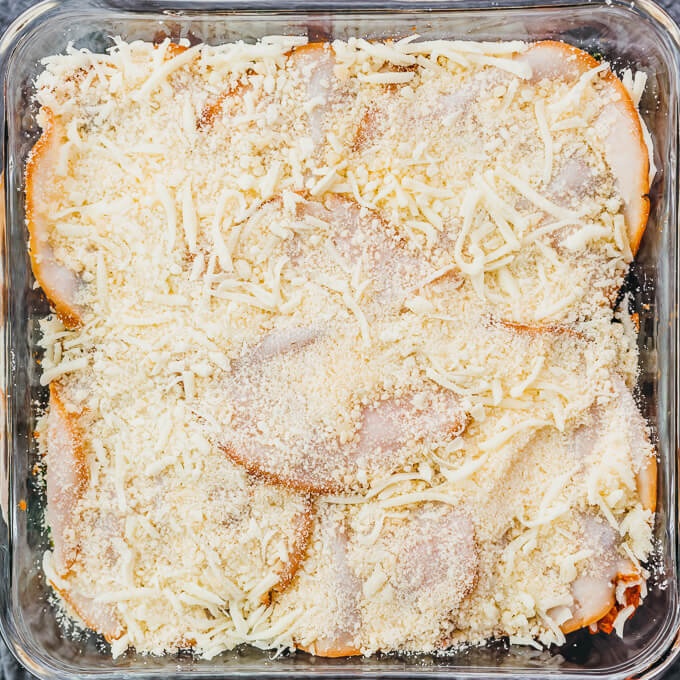 turkey and cheese layer in baking dish