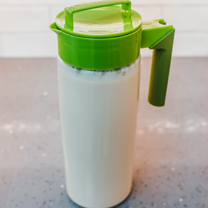 homemade soy milk in pitcher