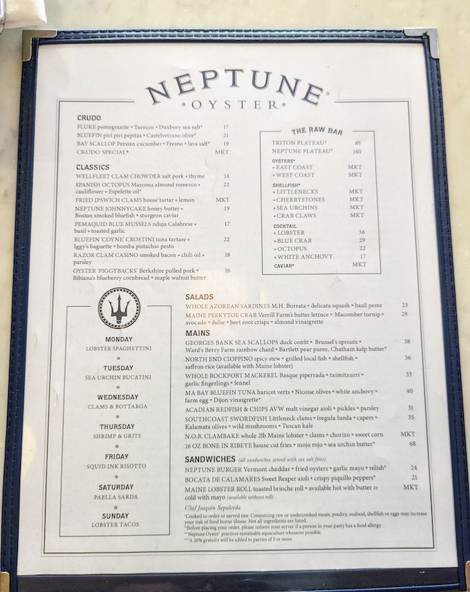 Neptune Oyster menu